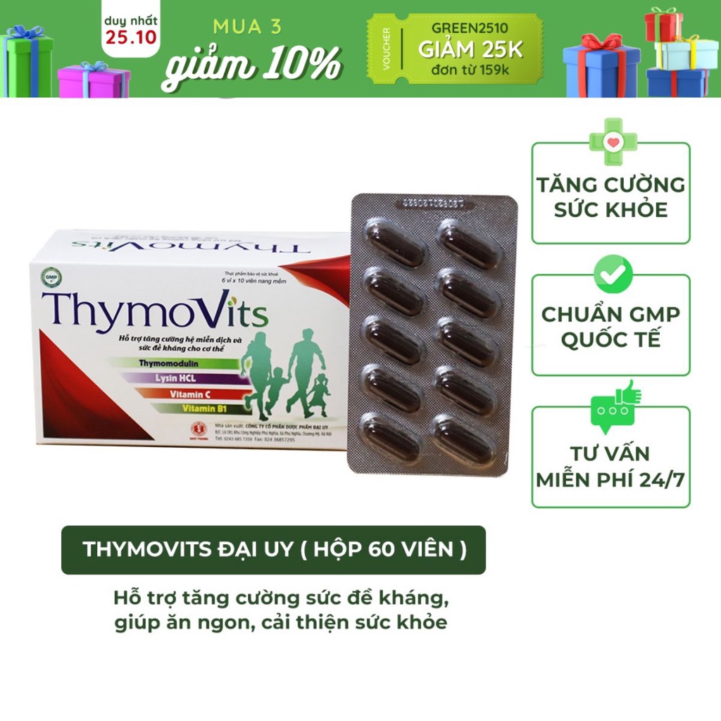 Viên uống đề kháng Thymovits Đại Uy Thymomodulin hỗ trợ hệ miễn dịch, tăng cường sức khỏe, ăn ngon 60 viên