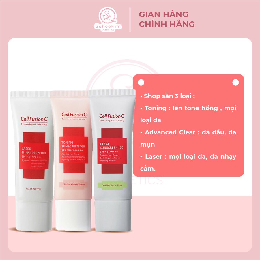 Combo Đủ Phân Loại Kem chống nắng Cell Fusion C fullsize Clear và Laser 50ml