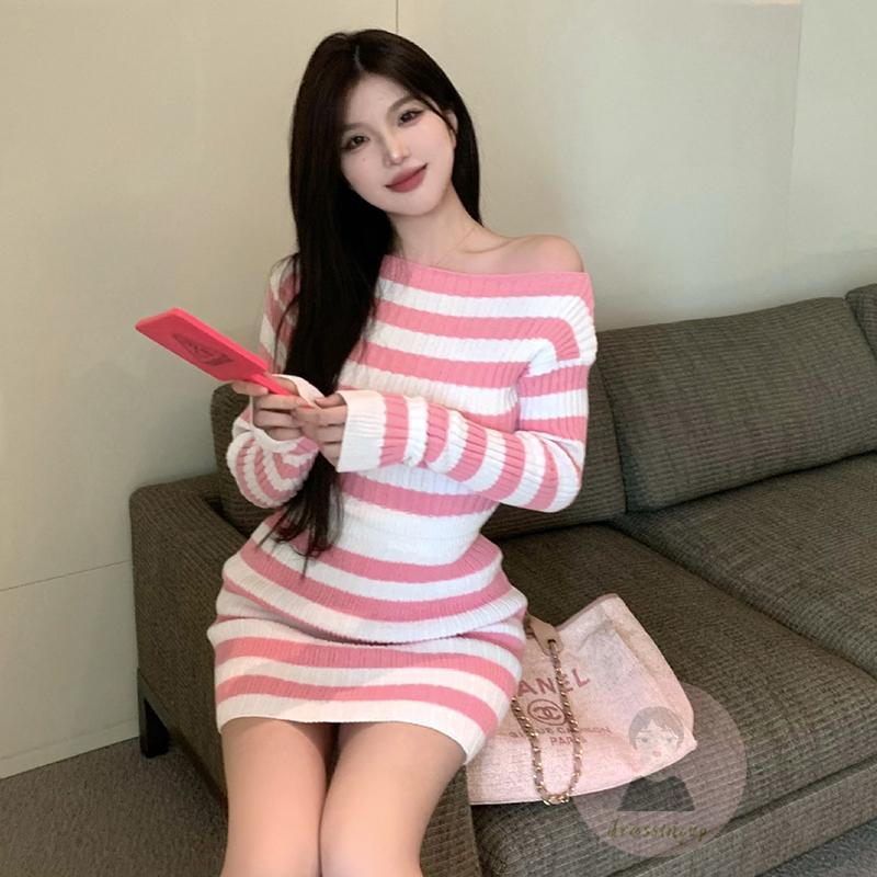 Bộ Áo Dệt Kim Dài Tay Trễ Vai + Chân Váy Xẻ Tà Phong Cách Quyến Rũ Thanh Lịch Dành Cho Nữ