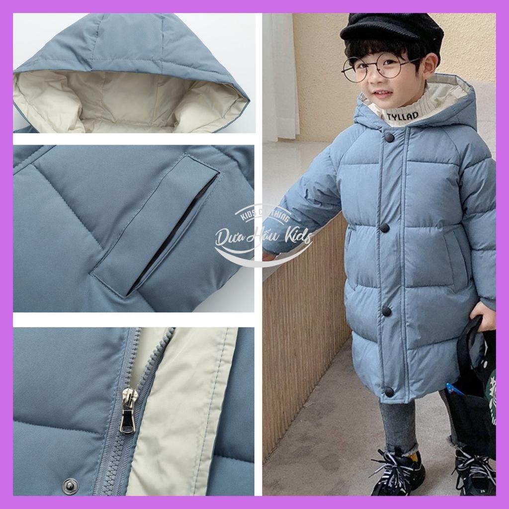 Aó phao dáng dài cho bé, áo khoác mùa đông dáng dài phong cách hàn quốc có mũ cho bé size 110 - 150, 12 - 35kg