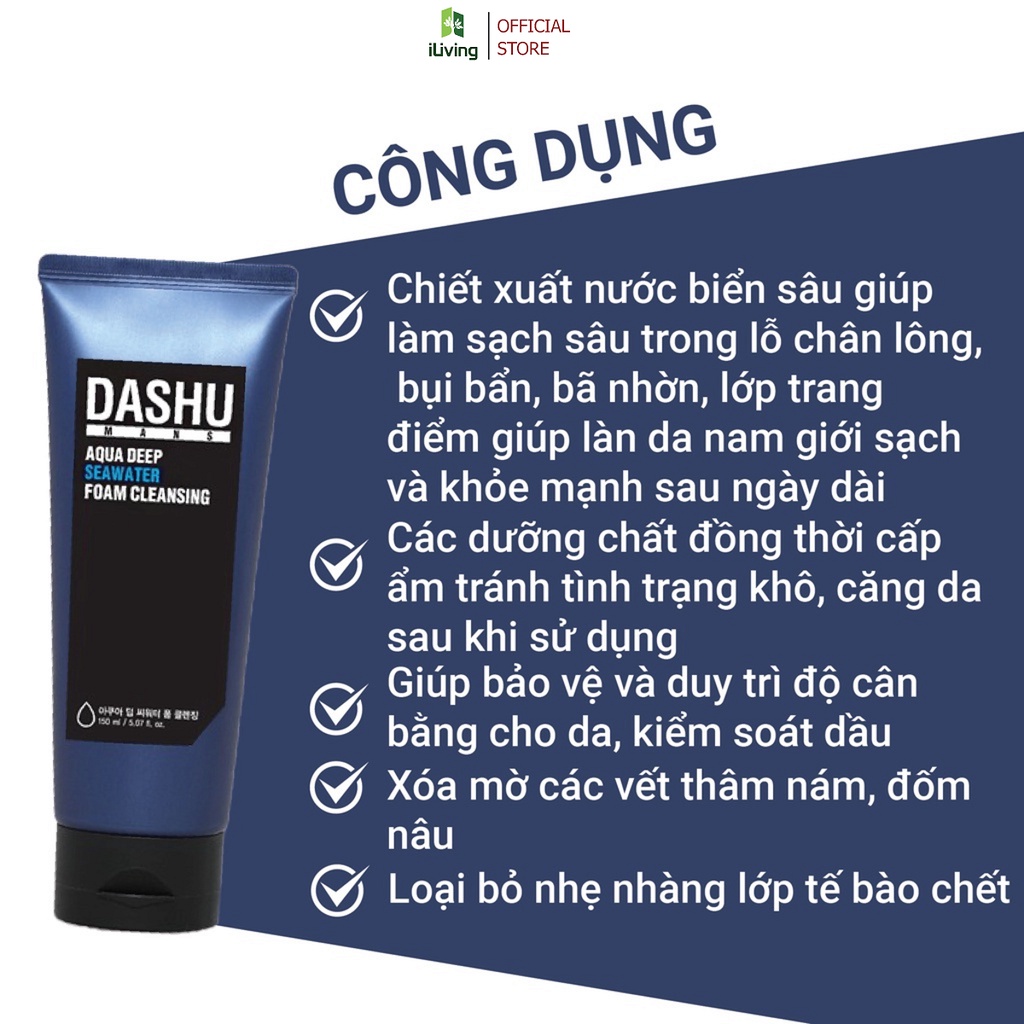 Sữa rửa mặt nam sạch sâu kiểm soát nhờn dành cho mọi loại da Dashu Aqua Deep Seawater 30ml ILIVING-DASSRMMX30