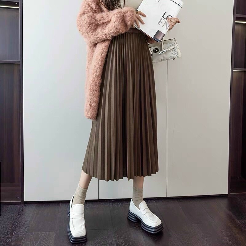 Váy Nữ Midi Dáng Dài Cạp Chun Xếp Ly Madela Phong Cách Vintage, Chân Váy Xếp Ly Dài Thanh Lịch Hàn Quốc