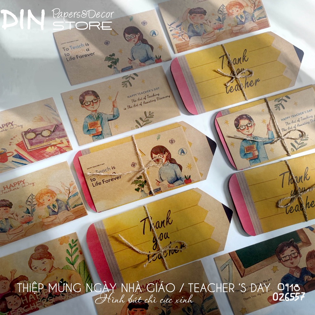 Thiệp Handmade tặng Giáo viên - Mừng ngày nhà giáo Việt Nam 20-11 - Pencil Kraft Card kiểu dáng bút chì- DIN Store