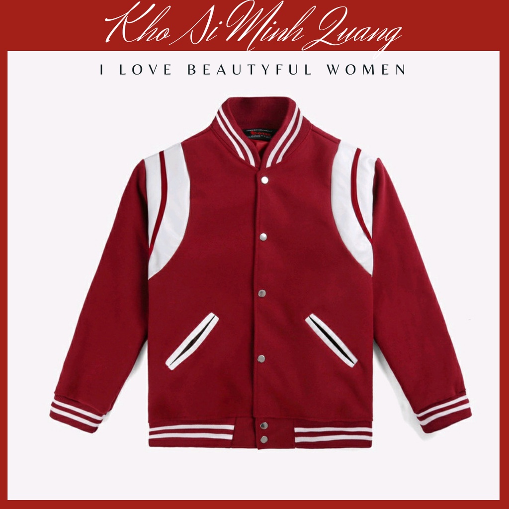 Áo Khoác Nỉ Bomber Unisex, Bo Gấu Tay Phối Màu Đỏ Mận, Áo Bóng Chày Nam Nữ Thời trang hàn Quốc