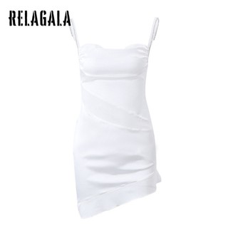 RelaGala Thời Trang Nữ Không Lưng Lưới Nhìn Xuyên Qua Không Đều Ruffle Dây Đầm