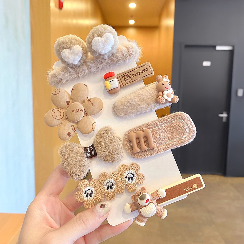 Set 9 Kẹp Tóc Phủ Lông Họa Tiết Hoạt Hình Dễ Thương Cho Bé Gái