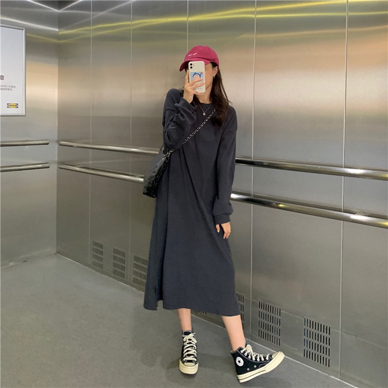 Đầm dài qua gối SUXI cổ tròn dáng rộng màu sắc đơn giản thời trang mùa thu dành cho nữ