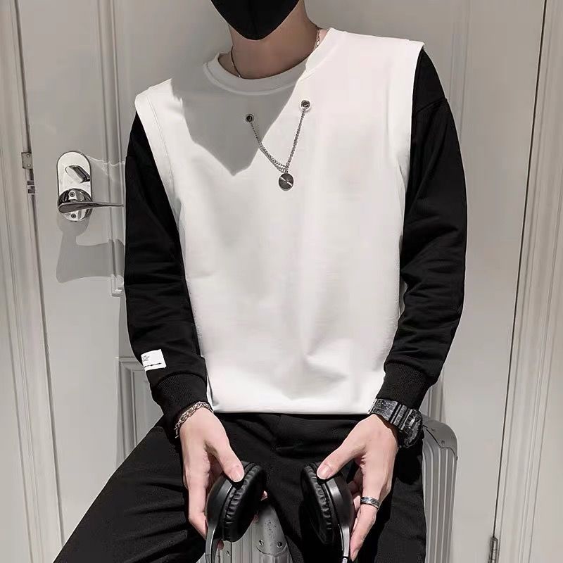 áo khoác nam bomber mùa đông Áo sweater Giả Hai Lớp Mỏng Tay Dài Cổ Tròn Dáng Rộng Thời Trang Xuân Thu 2022 Cho Nam