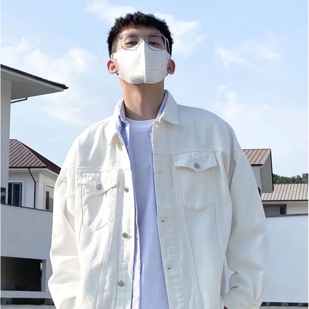 Áo Khoác Denim Màu Trắng Đen Phong Cách Đường Phố Hàn Quốc Cá Tính Cho Nam