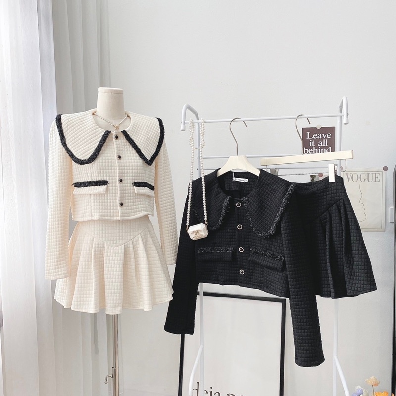 Set chân váy xếp ly kèm áo croptop, Bộ áo sơ mi ngắn cổ bẻ kèm chân váy, Set chân váy áo sơ mi cách điệu chất liệu xốp