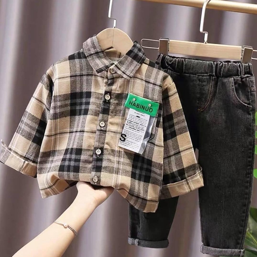 HÀNG QUẢNG CHÂU CAO CẤP Bộ sơ mi cho bé trai cực sành điệu, áo cotton thấm mồ hôi, quần jean mềm baoquankid [SM]