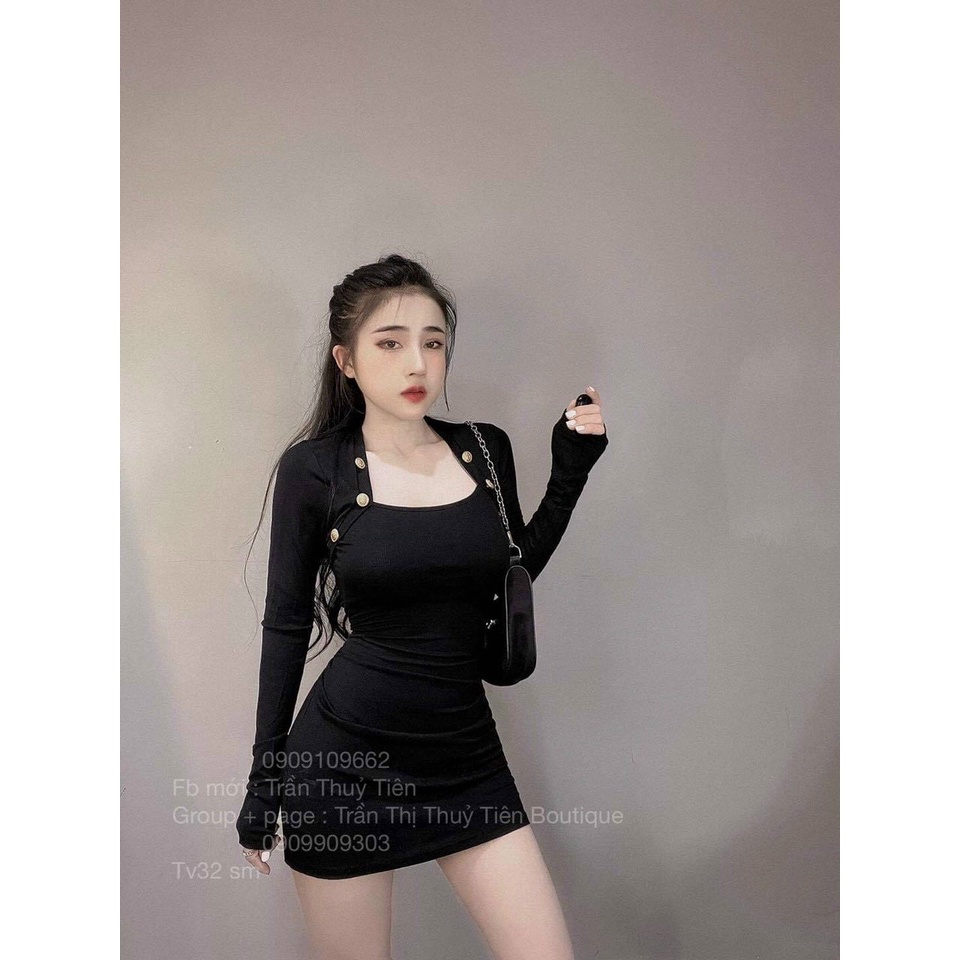 Đầm ôm body cổ vuông có nút vai tay dài chất thun lên form ôm dáng cực kì, váy body nữ