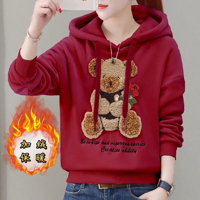 Áo Khoác Hoodie Chui Đầu Dáng Rộng Cỡ Lớn 35% Lót Lông Cừu Dày Dặn Thêu Họa Tiết Thời Trang Thu Đông Cho Nữ