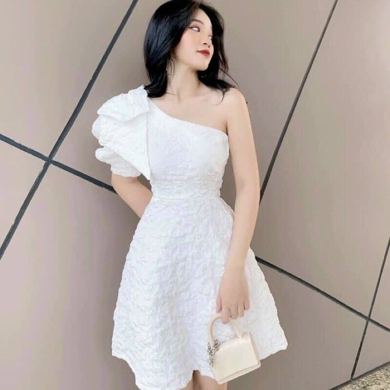 Đầm gấm hoa phối nơ đầm lệch vai cho nàng đi chơi dự tiệc cực sang chảnh đầm váy nữ tôn dáng sexy