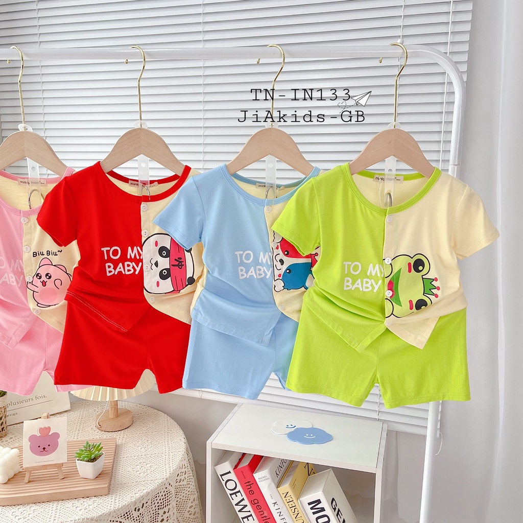 Bộ Cộc Tay THUN LẠNH MINKY MOM Áo Cúc Giữa In Hình Phối Màu Cho Bé TN-IN133