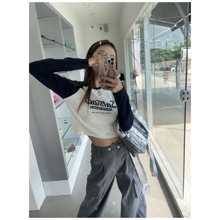 Áo Thun Tay Dài Dáng Ôm In Chữ Phối Màu Tương Phản Thời Trang Mùa Thu Mới Cho Nữ