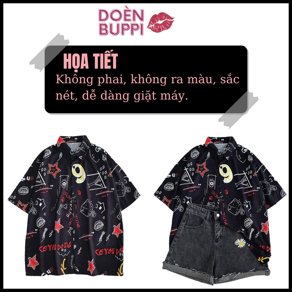 Áo sơ mi ngắn tay unisex nam nữ, cổ đứng, vải lụa lạnh nhập khẩu thoáng mát, ĐEN hoạ tiết TIA CHỚP - DOÈNBUPPI Shirt