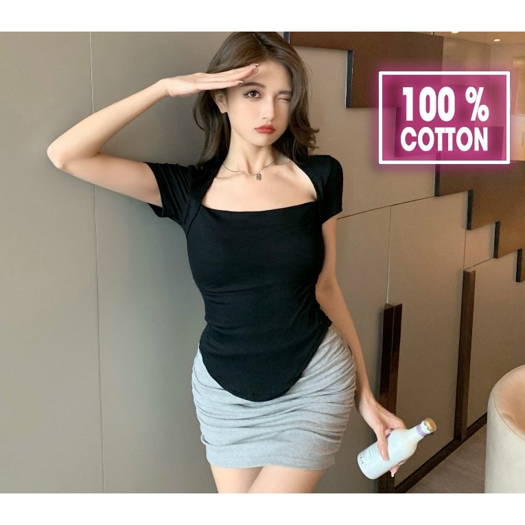 Áo thun vạt bầu ngắn tay cổ vuông ôm nữ, ao phông body nữ mẫu mới cotton 100% màu đen trắng dưới 50 cân