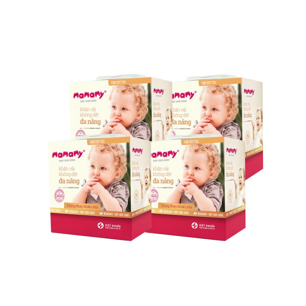Combo 4 khăn khô đa năng Mamamy, dùng thay khăn sữa, không chứa huỳnh quang, hộp 180 tờ, an toàn cho trẻ sơ sinh