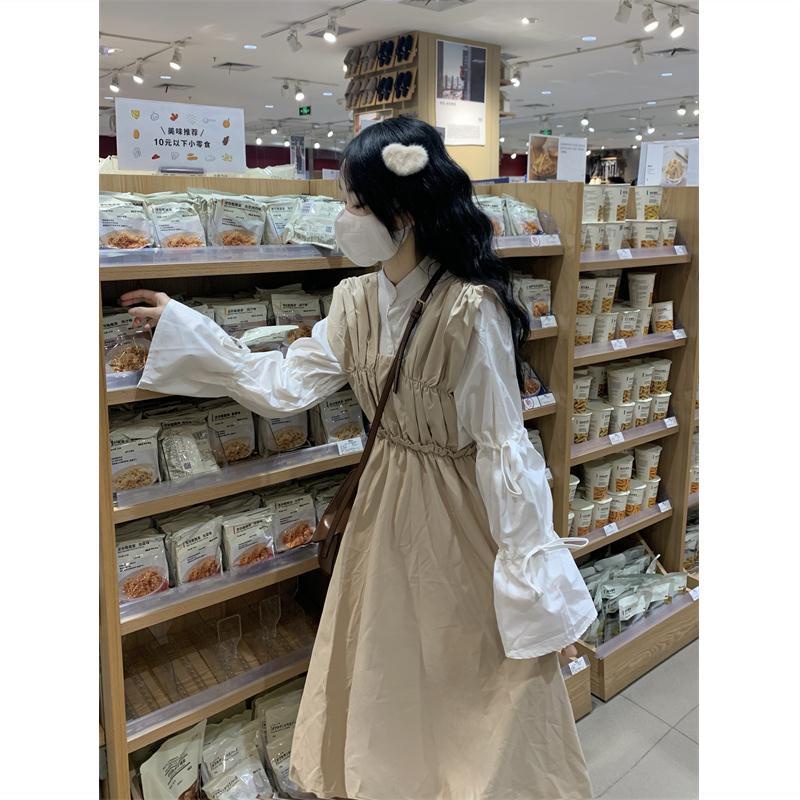 Váy babydoll váy mùa đông cho nữ váy dài Áo Sơ Mi Tay Phồng + Váy Xòe Bồng Bềnh Xếp Ly Cỡ Lớn Phong Cách Preppy Cho Nữ Sinh