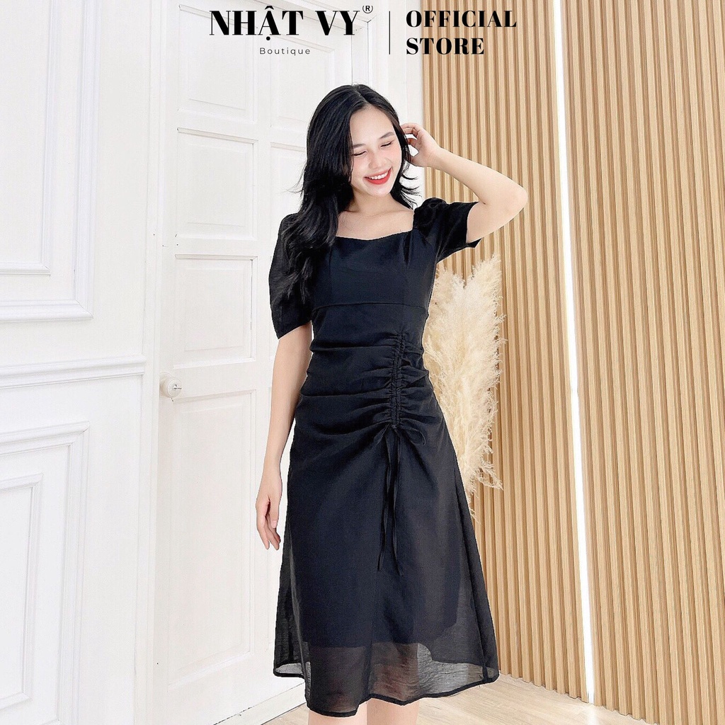 Váy Đi Tiệc NHẬT VY Rút Dây Bo Thun Vai Tay Ngắn Cổ Cách Điệu Dáng Ôm Chất Vải Tơ Xốp Màu Đen, Cam, Trắng, Vàng - D2447