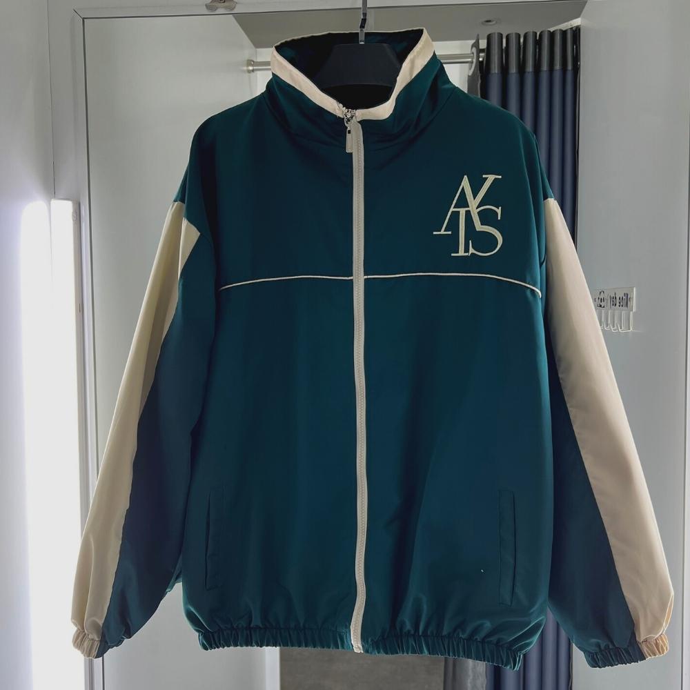 Áo khoác ngoài jacket vải dù 2 lớp dày dặn THÊU CHỮ ATYS SIMPLE màu đen và xanh cổ vịt form rộng nam nữ