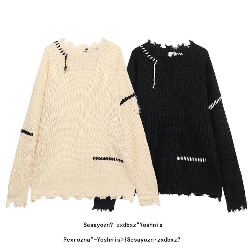 Áo Sweater Dệt Kim Dáng Rộng Rách Cá Tính Trẻ Trung Phong Cách Retro Nhật Bản Cho Nam