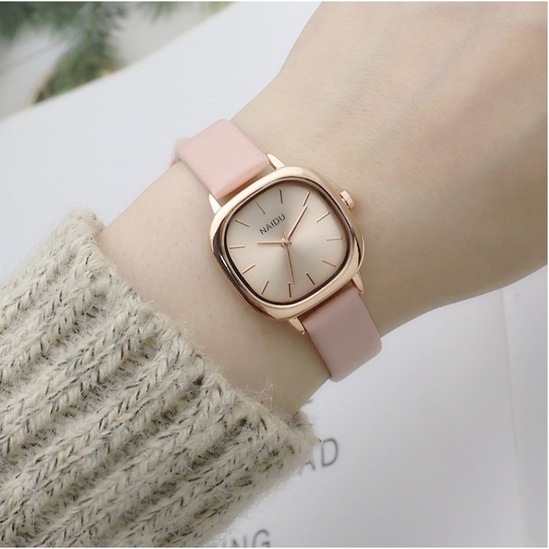 Đồng hồ nữ đeo tay mặt nhỏ dây da mềm NADU Hàn Quốc Hồng nữ tính đáng yêu Tif Watches size 28mm