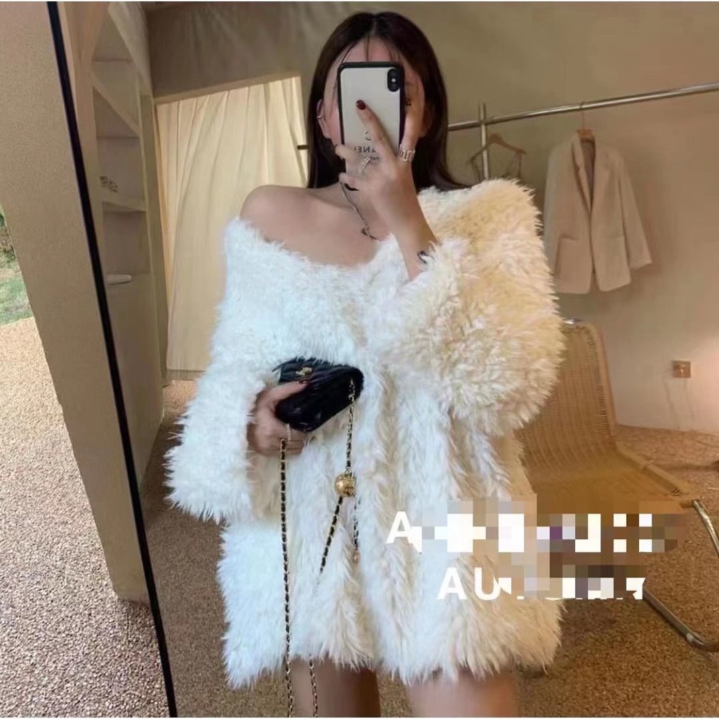 Áo Khoác Lông Cừu Giả Cổ Chữ V Tay Loe Dáng Rộng Phong Cách Hàn Quốc Cho Nữ