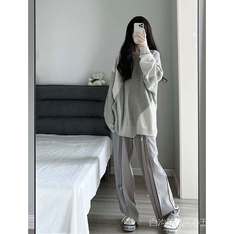 Áo Sweater Dệt Kim Chui Đầu Dáng Rộng Màu Sắc Tương Phản Kiểu Vintage Thời Trang Xuân Thu Cho Học Sinh
