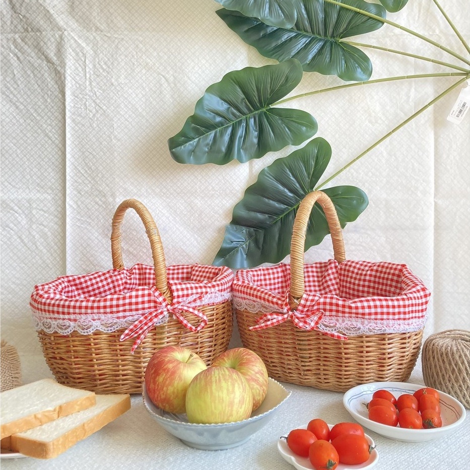 Giỏ mây picnic Oval xinh xắn lót vải có nơ đăng ten dây ren. Giỏ đựng đồ hoa quả bánh kẹo Phụ kiện chụp ảnh studio decor
