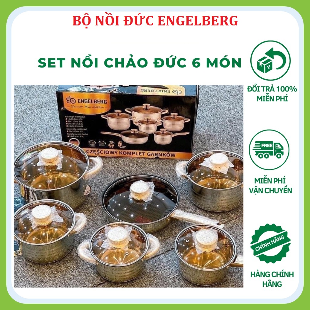 GIÁ GỐC - Bộ Nồi Đức ENGELBERG 6 món 12 chi tiết, 5 Lớp Đáy, Inox 304 cao cấp