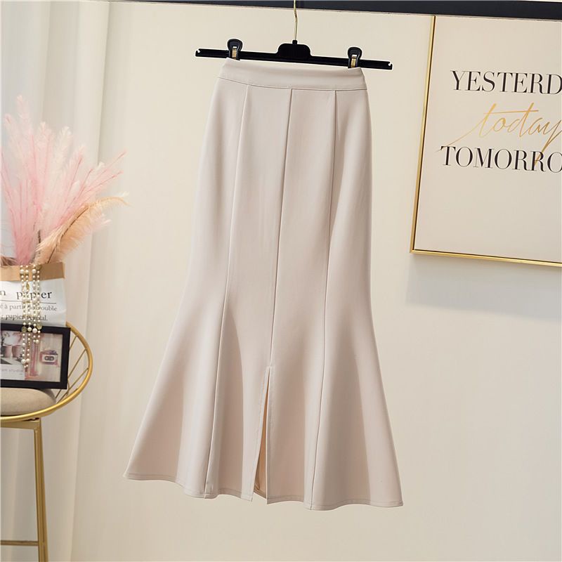 UIOWOO  Chân Váy Đuôi Cá Dáng Dài Xẻ Tà Màu Đen Lưng Cao Thời Trang Quyến Rũ Cho Nữ Thời trang rắn màu