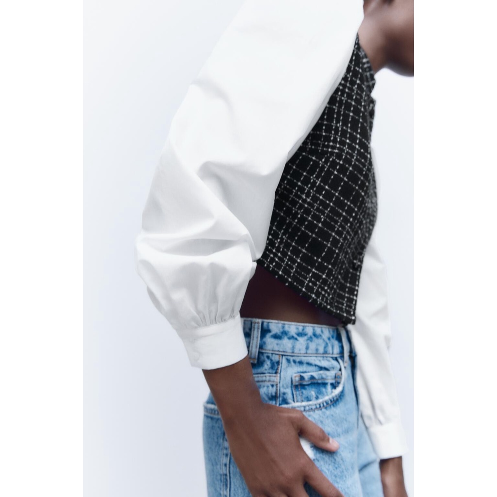 Made in Morocco - Áo Zara Sơ Mi Tay Dài Dáng Ngắn Phối áo gile karo AK07SMG45N9