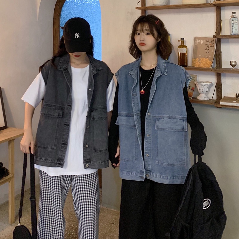 |Size L đến 5XL| Áo Jeans Gile Denim Unisex Form rộng phong cách Hàn Quốc màu khói Big Size, áo khoác jean