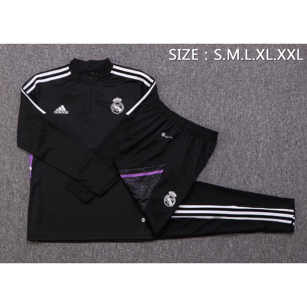Bộ Áo Khoác Tay Dài Màu Đen Có Khóa Kéo In Logo Real Madrid Thời Trang Thu Đông Size 22-23
