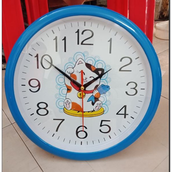 Đồng hồ mèo thần tài viền xanh đường kính 30cm .
