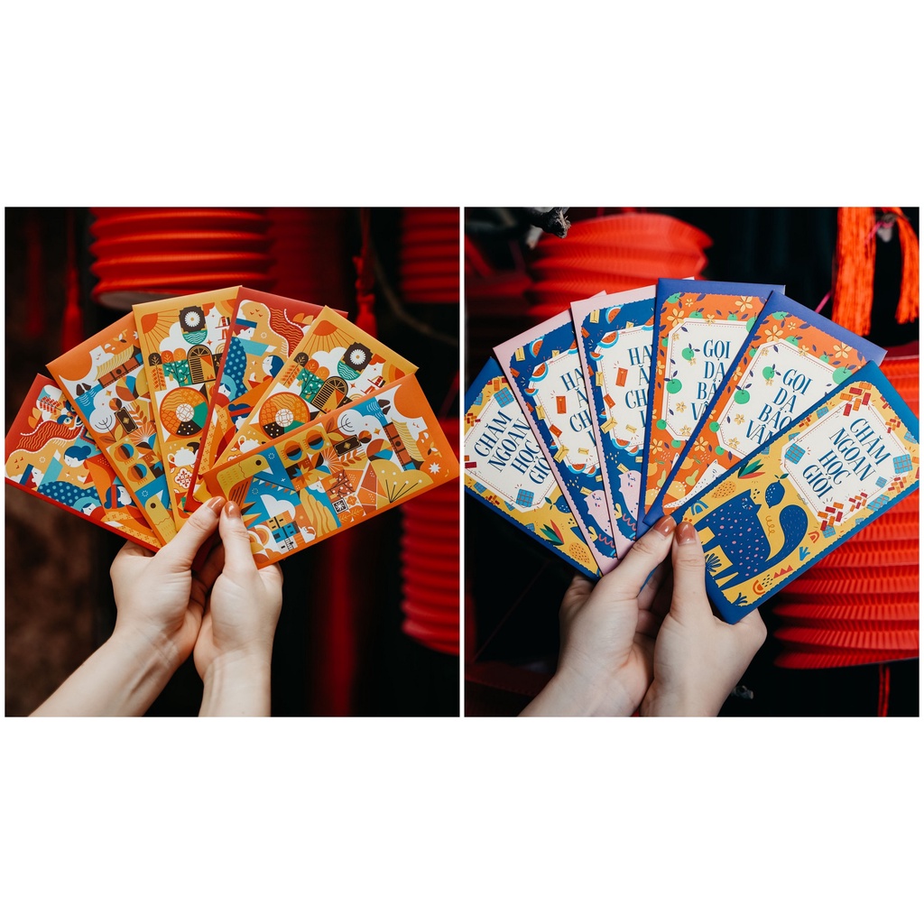 Sét 12 Bao Lì Xì Tết thiết kế đặc sắc - Hình màu sắc nghệ thuật độc đáo - Giấy C150 cán mờ in sắc nét