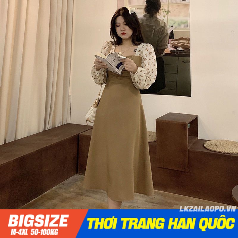 Váy đầm nữ Bigsize Đầm dự tiệc sang trọng dáng xoè tay dài cổ vuông mùa xuân Phong cách Hàn Quốc Thời Trang đẹp