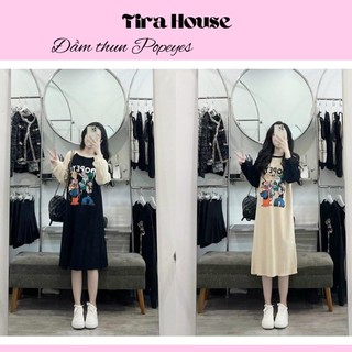 Đầm cotton 2 màu đen be hình popeyes, váy thu đông chất liệu thấm hút mồ hôi - Tirahouse