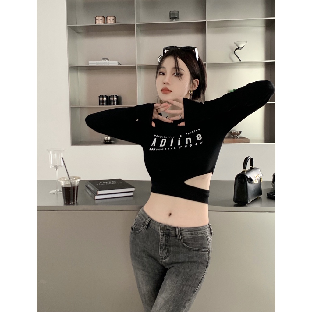 Ethelgirl Áo Thun Croptop Tay Dài Dáng Ôm In Họa Tiết Quyến Rũ Dễ Phối Đồ Cho Nữ