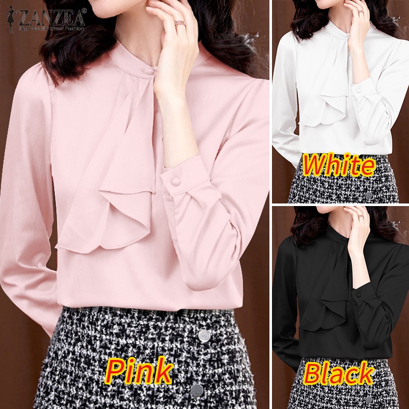 Áo sơ mi ZANZEA tay dài cổ đứng thắt nơ phong cách thời trang dành cho nữ