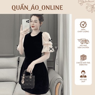 Váy nhung tiểu thư cổ tròn phối tay bèo nơ, đầm suông chữ A tay bồng chất nhung cao cấp