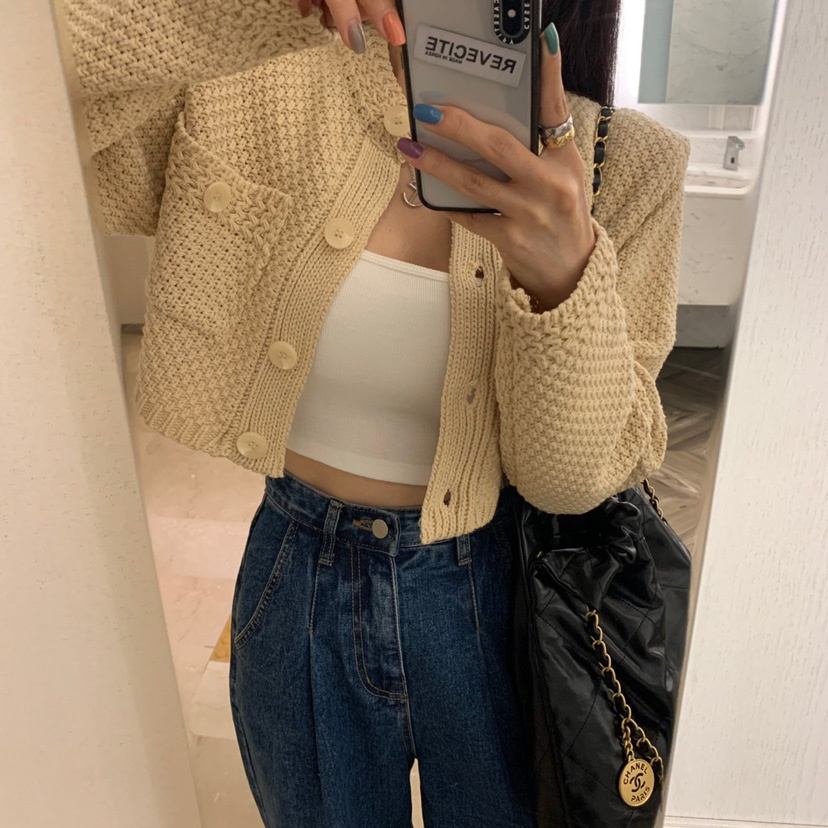 Áo Khoác Cardigan Dệt Kim Cổ Tròn Có Túi Nhỏ Phong Cách Hàn Quốc Thời Trang Mùa Thu Cho Nữ