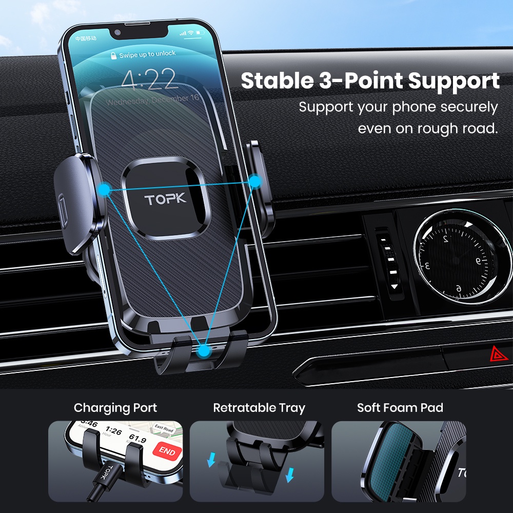 Giá đỡ điện thoại TOPK vân cacbon xoay 360 độ tinh tế nhỏ gọn gắn trên ô tô/ cửa khe gió điều hoà tiện lợi