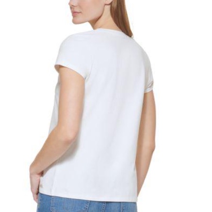 Áo Thun CALVIN KLEIN Nữ Cổ Tròn Kim Loại  Metal Stud Logo Tee , Size S - Chính Hãng