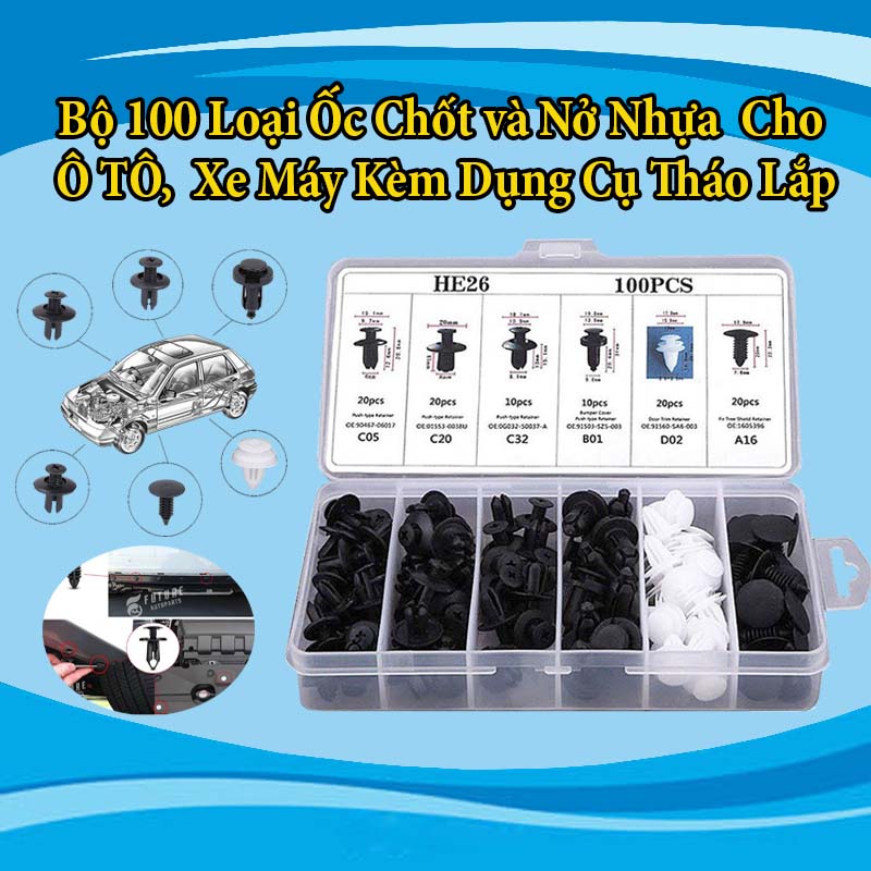 Bộ 100 Loại Ốc Chốt Và Nở Nhựa Cho Ô Tô, Xe Máy Kèm Dụng Cụ - CARZONE