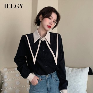 IELGY Áo Sơ Mi Tay Dài Cổ Chữ v Lớn Phong Cách preppy Cho Nữ