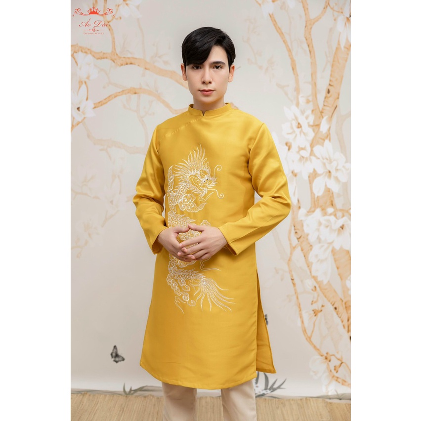 Áo dài cách tết 2023 Nam thêu rồng với3 gam màu xanh, vàng, đỏ  đứng dáng bảnh trai phù hợp du xuân