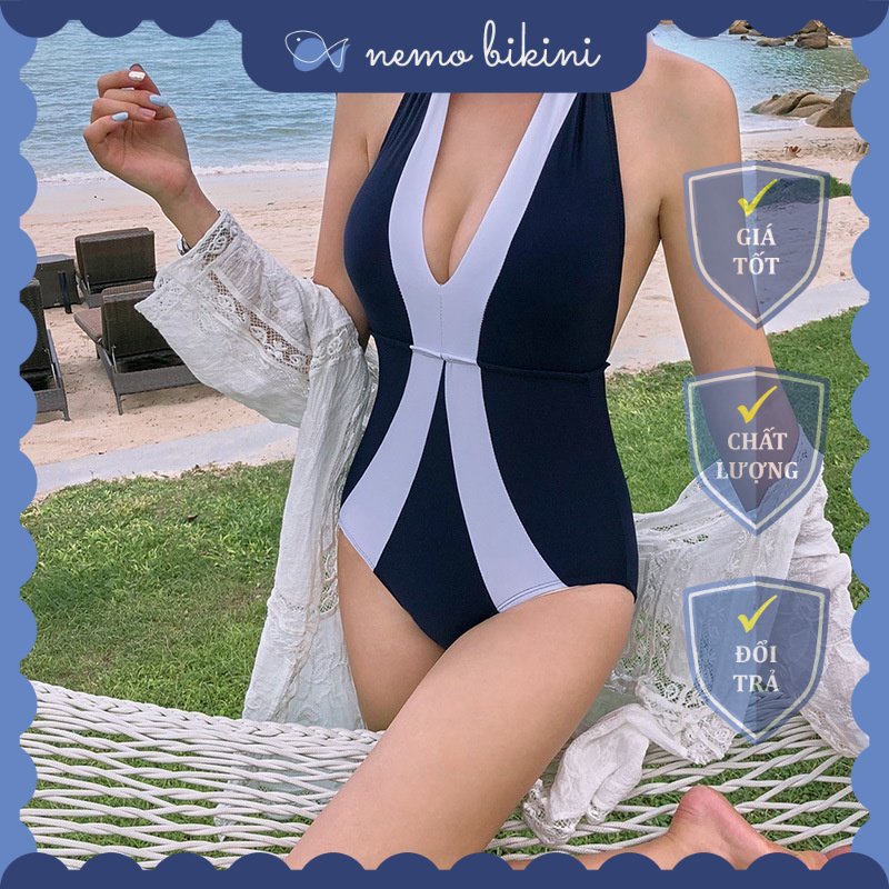 Bikini đi biển, đồ bơi nữ 1 mảnh liền thân tôn dáng phối sọc đen trắng Nemo Bikini - B24